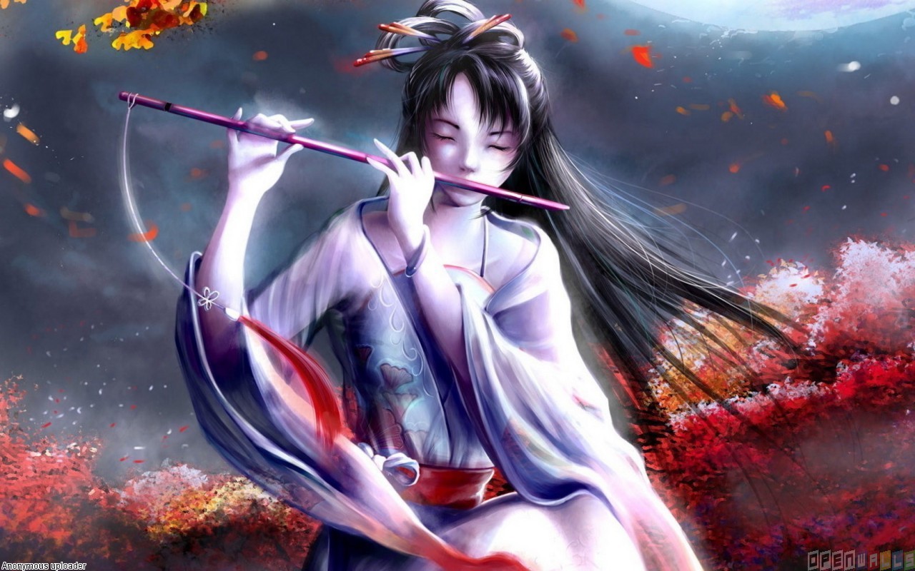 Geisha Playing The Flute Wallpaper Open Walls