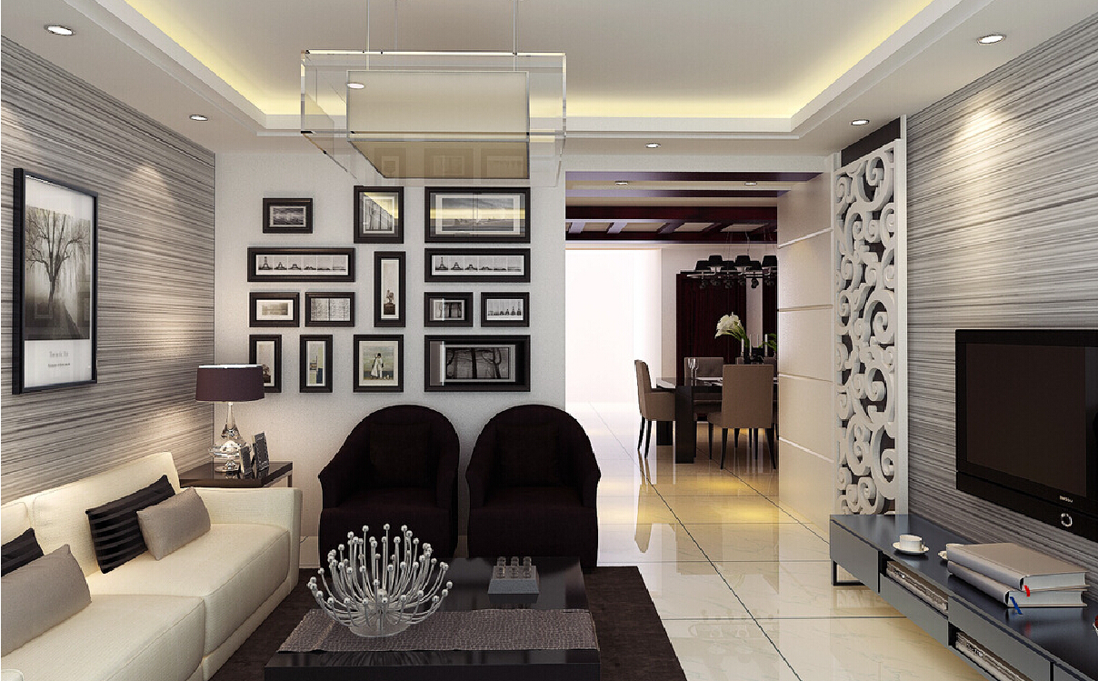 3d Living Room With Gray Horizontal Stripe Wallpaper