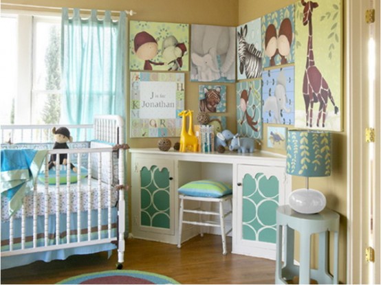 Inspired Kids Room Design With White Cozy Crib And Giraffe Wallpaper