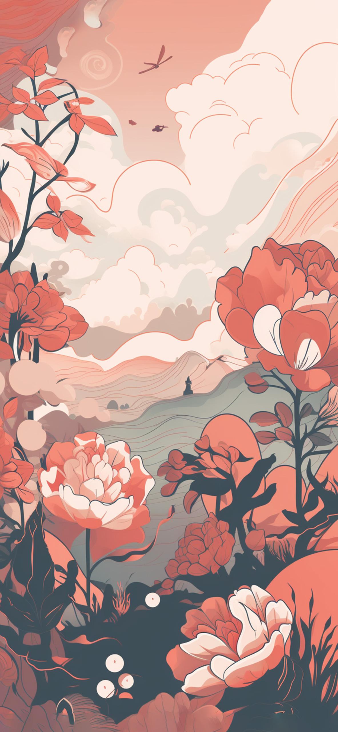 Red Flowers Clouds Aesthetic Wallpaper