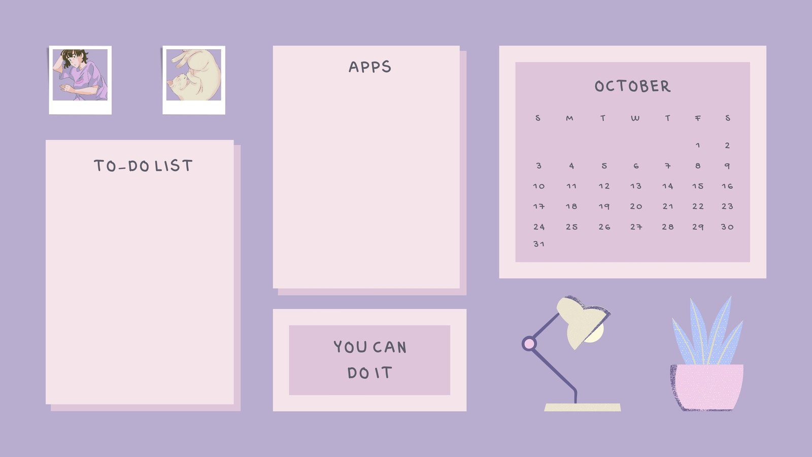 A pastel purple computer wallpaper with a to-do list, apps list, October calendar, motivational quote, desk lamp, and plant