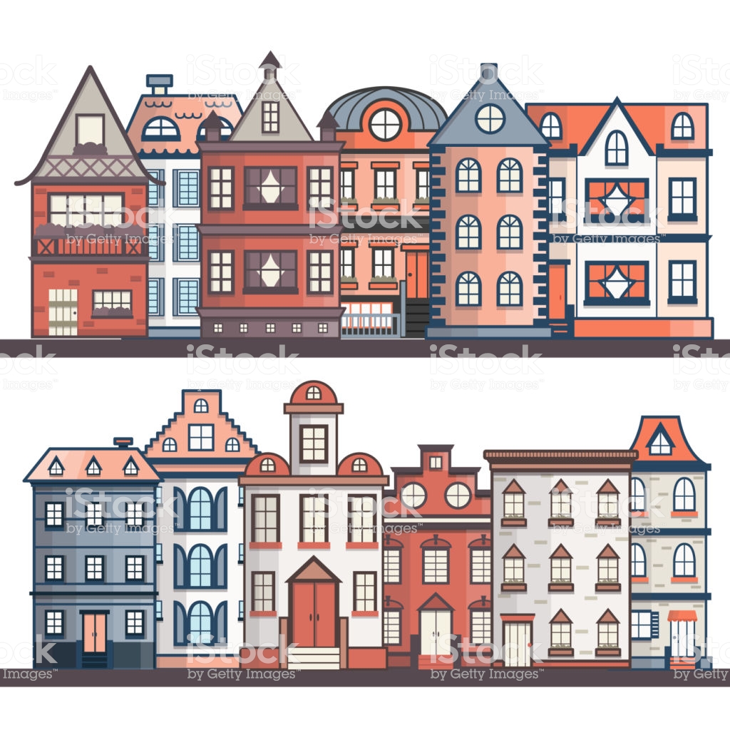 Vector Cartoon Flat Line City Houses Background Stock Illustration