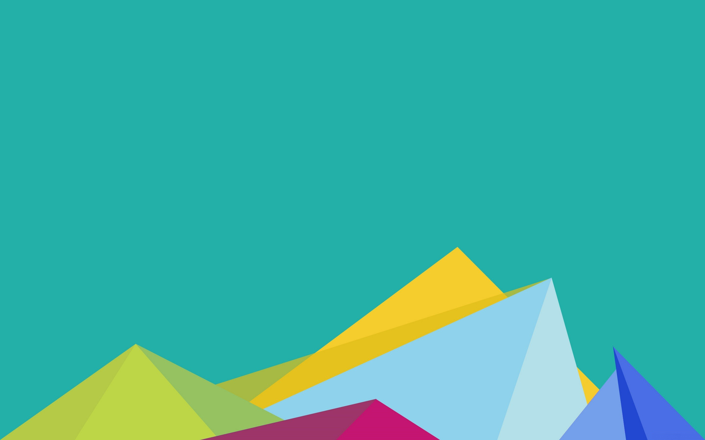 Abstract minimalist wallpaper with colorful triangles on a teal background