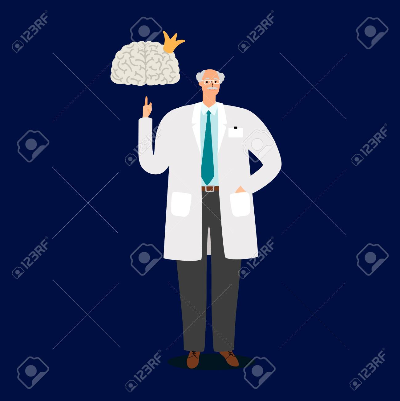 Professor Doctor And Human Brain On Deep Blue Background Vector