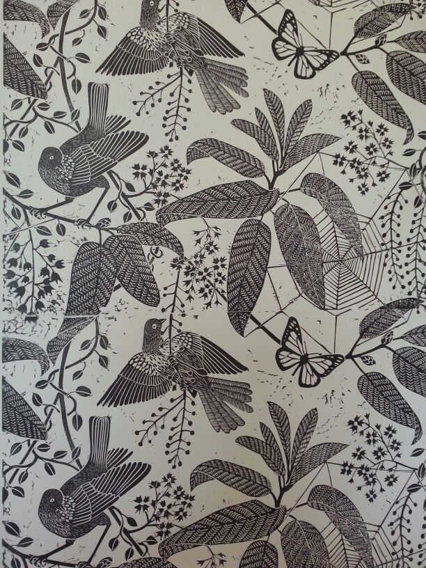Marthe Armitage Jungle Birds Handprinted Wallpaper Linocut Hogarth