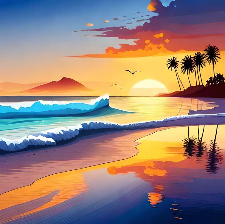 Beach Sunset Japanese Pop Art Cute Wallpaper Background