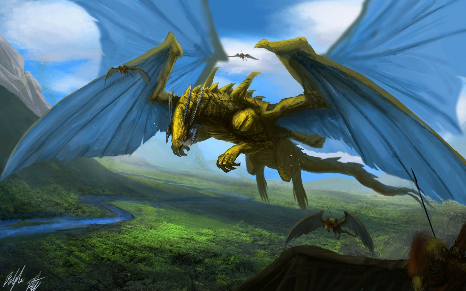 A majestic golden dragon with blue wings soars through a vibrant fantasy landscape, pursued by smaller winged creatures