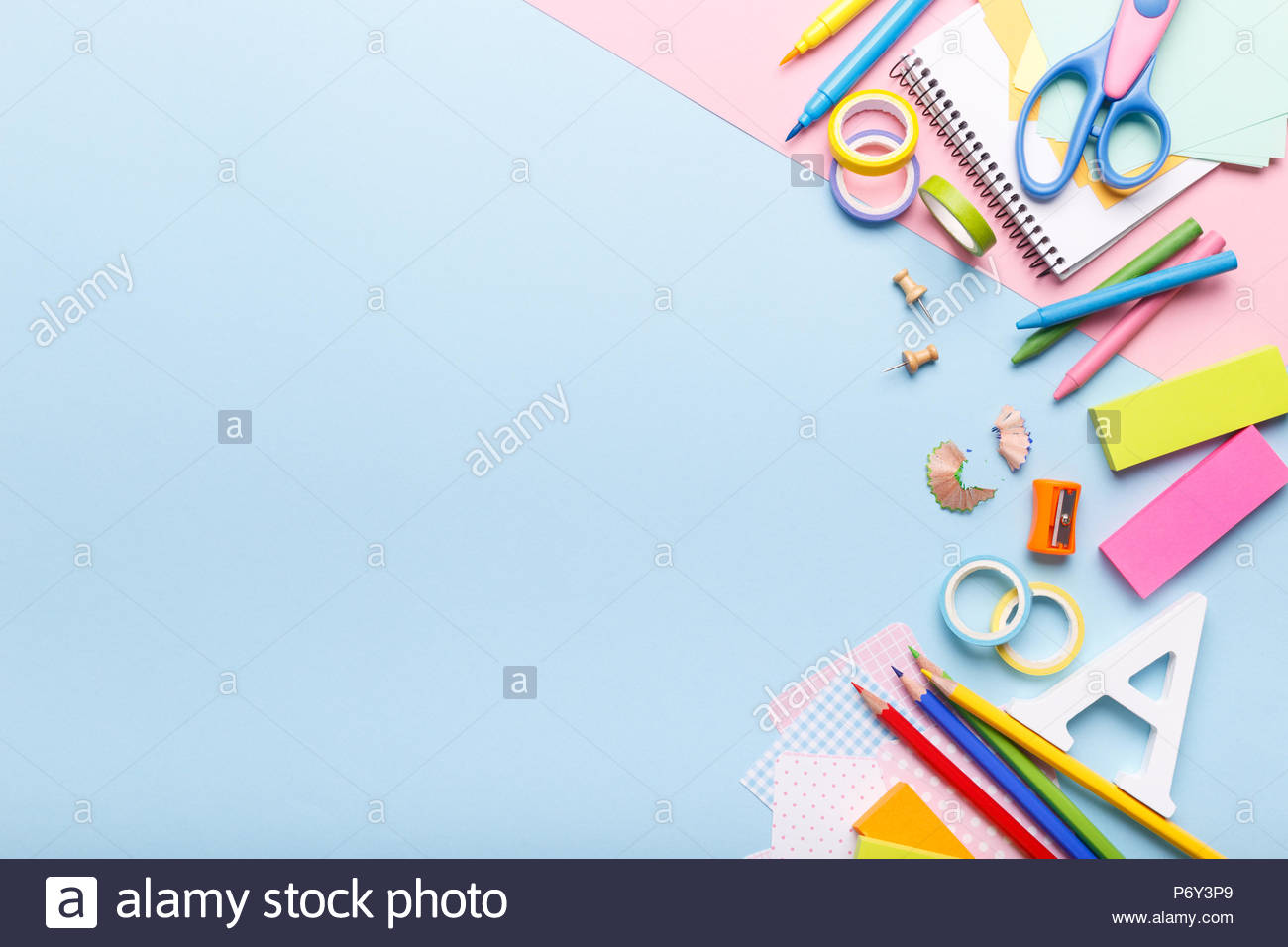 Colorful Stationary School Supplies On Blue Trending Background