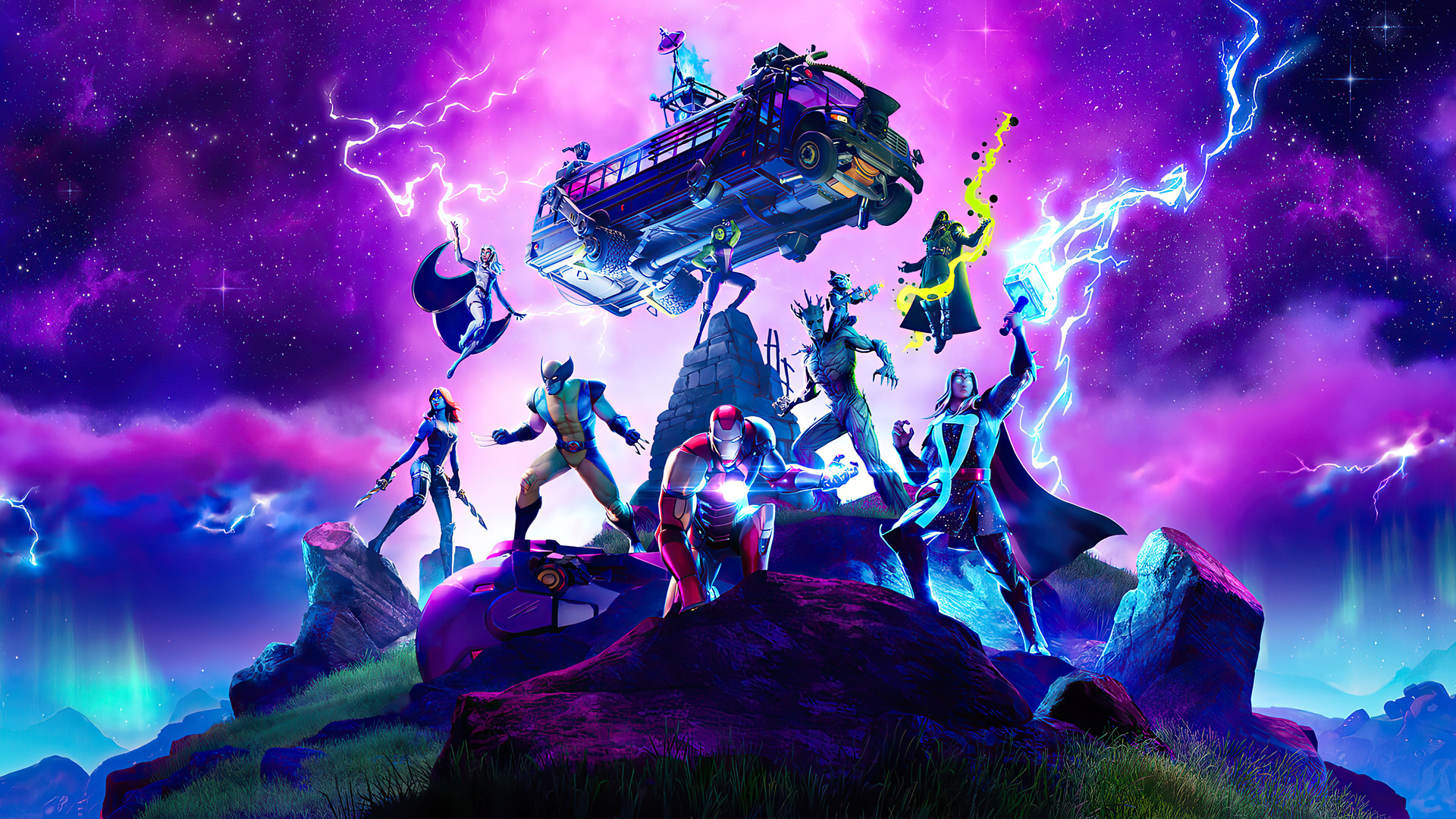 Fortnite 4k wallpaper featuring Marvel characters, including Wolverine, Iron Man, and Thor, under a vibrant purple, starry sky