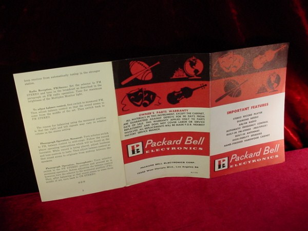 Vintage 1950s 1960s Packard Bell Stereo Radio Instructions Manual Card