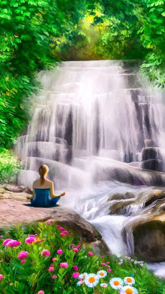 Waterfall Painting Woman Meditating Spring Background Image