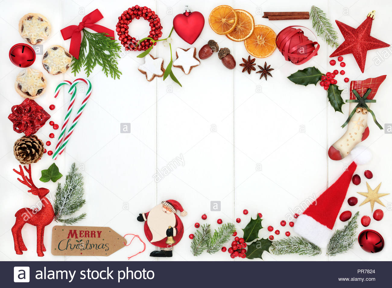 Christmas background border composition with traditional symbols