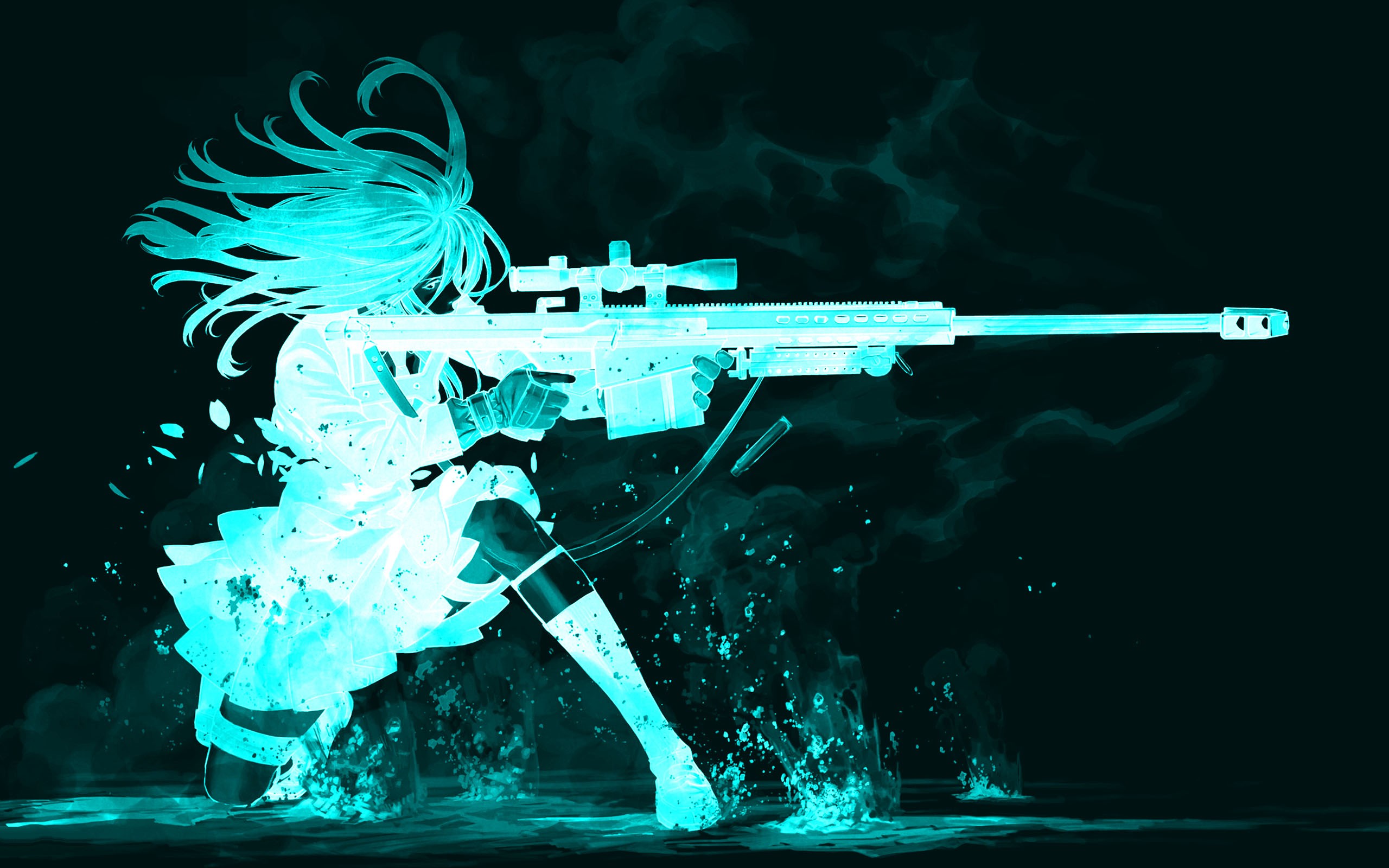 A vibrant anime girl, rendered in electric blue, strides dynamically through a dark backdrop. She holds a detailed sniper rifle, her flowing hair and splashing water adding to the sense of action