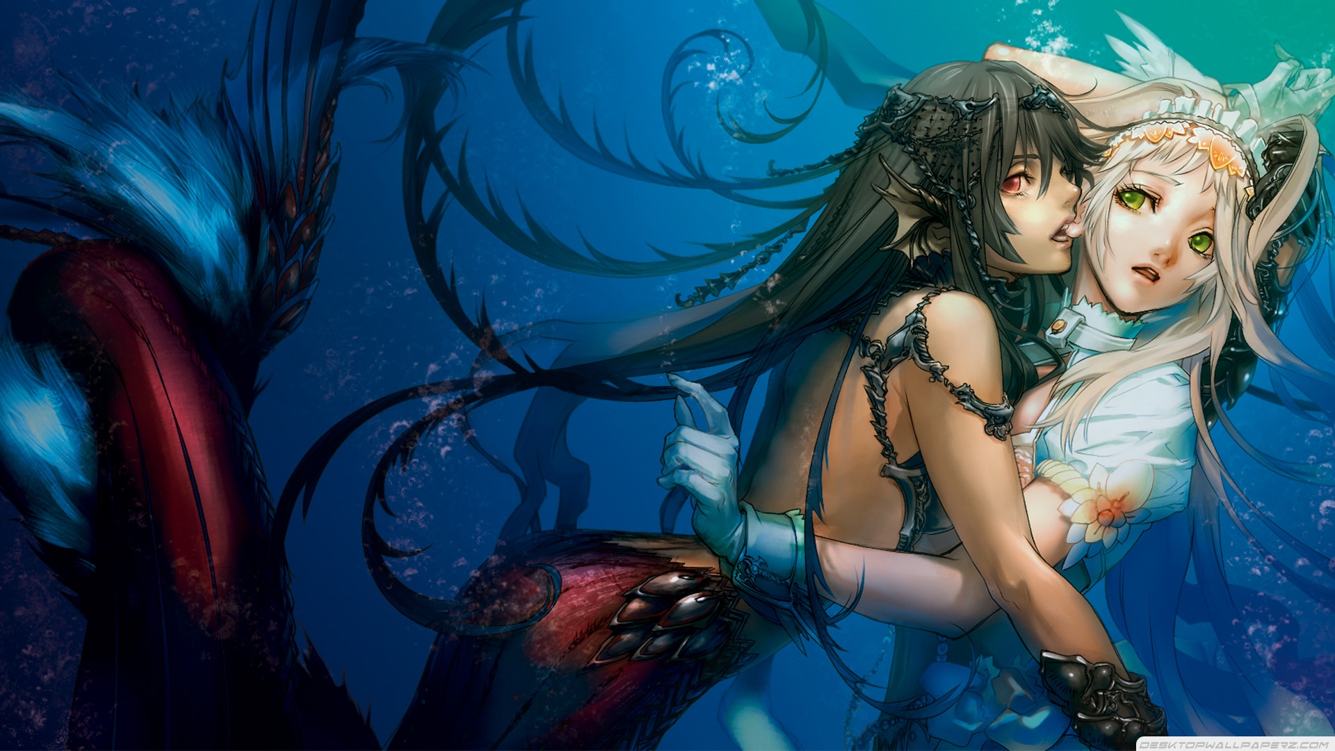 Black Long Hair Mermaids Anime Girls Underwater Fantasy Art