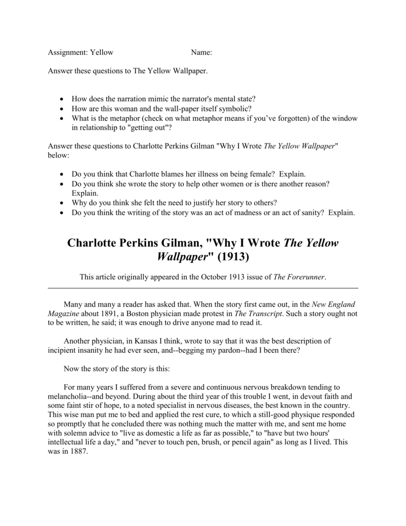 Charlotte Perkins Gilman Why I Wrote The Yellow Wallpaper