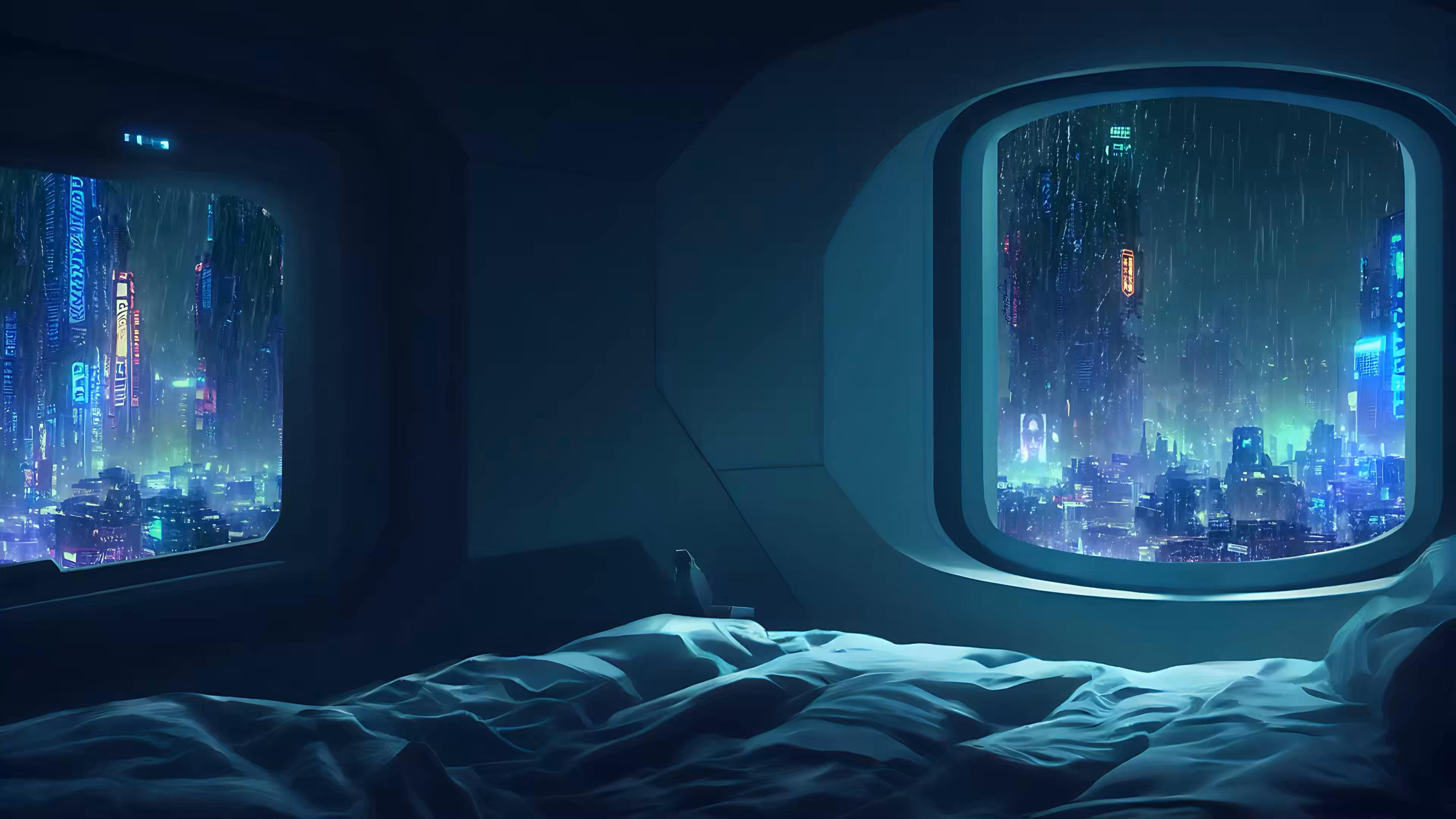Cozy bedroom in a futuristic cityscape with rain outside the window, offering a cyberpunk aesthetic with a comfortable atmosphere