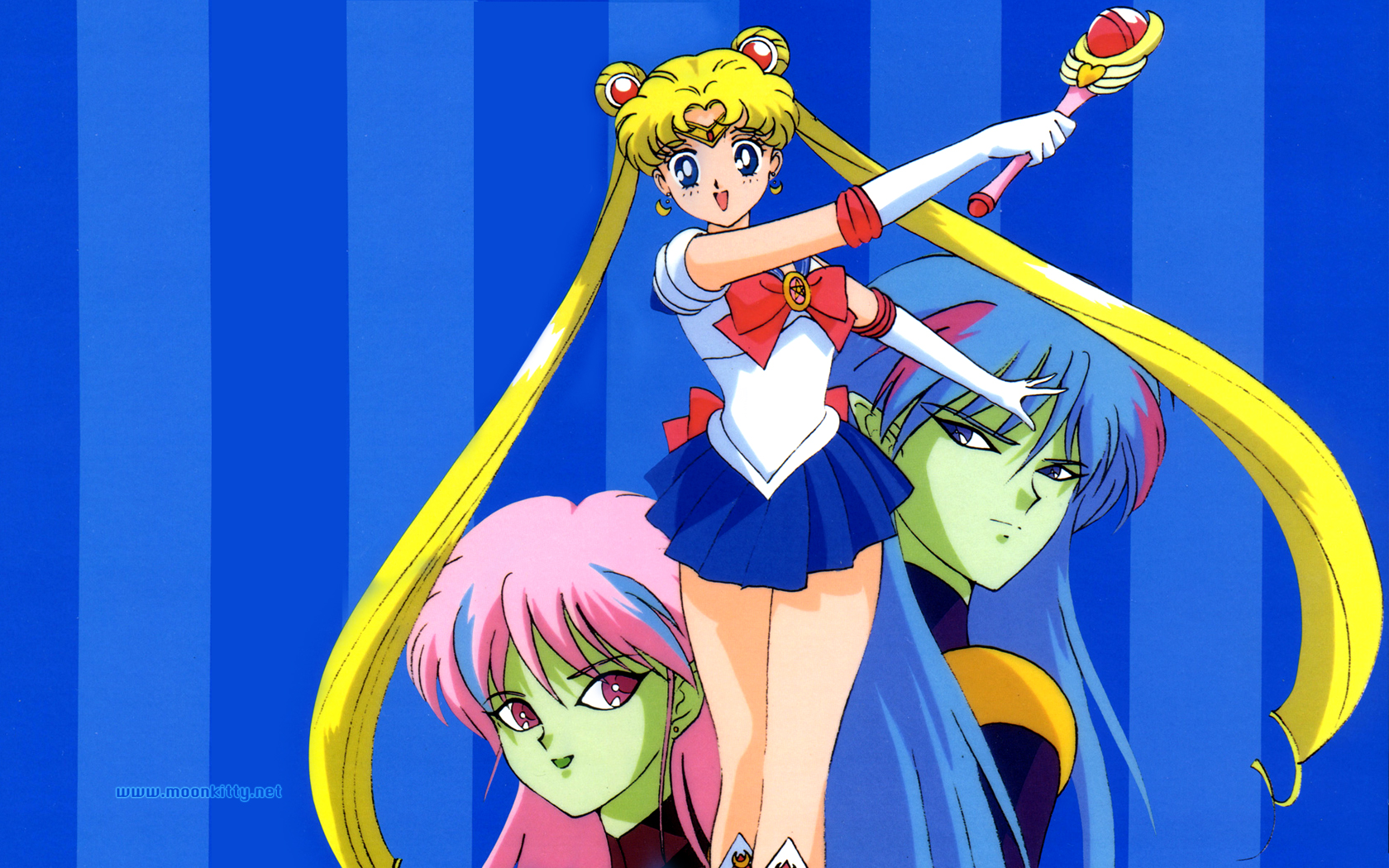 Sailor Moon with her magical wand, alongside two other characters with pink and blue hair on a blue striped background. From the anime series, Sailor Moon