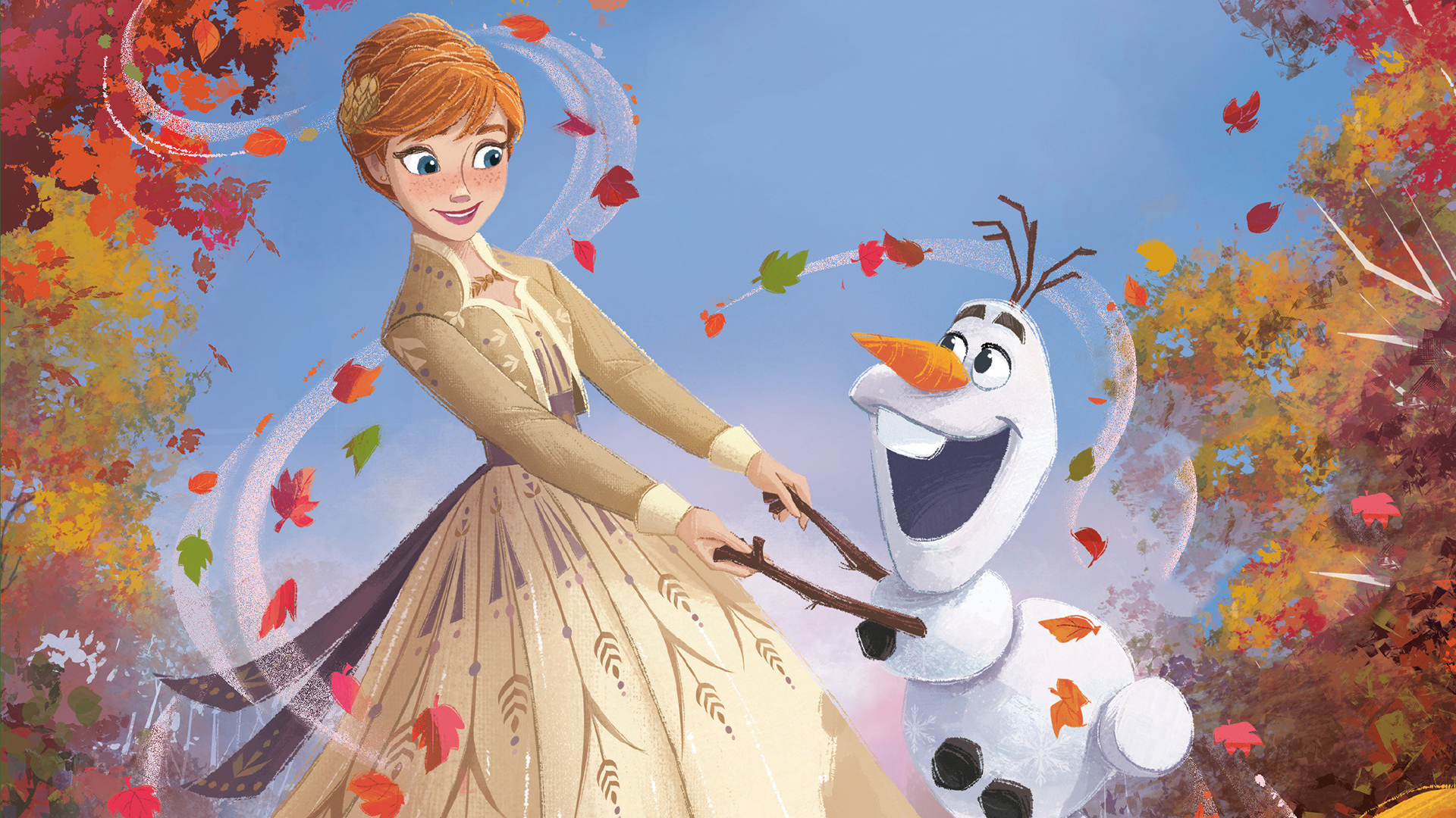Anna from Frozen playing with Olaf amidst autumn leaves