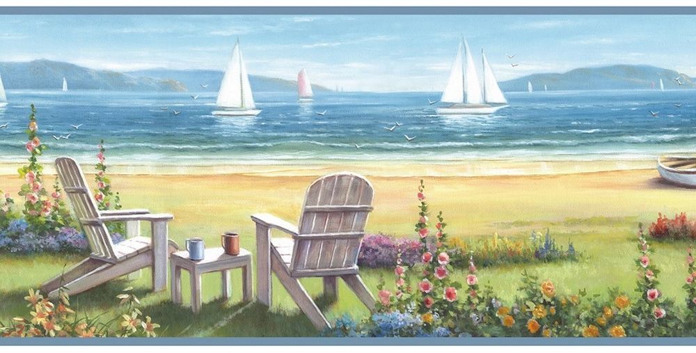 Seaside Cottage Wallpaper Border Adirondack Chairs Sailboats