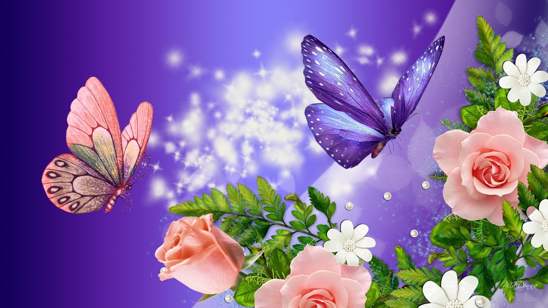 Two colorful butterflies flutter around a bouquet of pink roses and white daisies, on a sparkling purple background