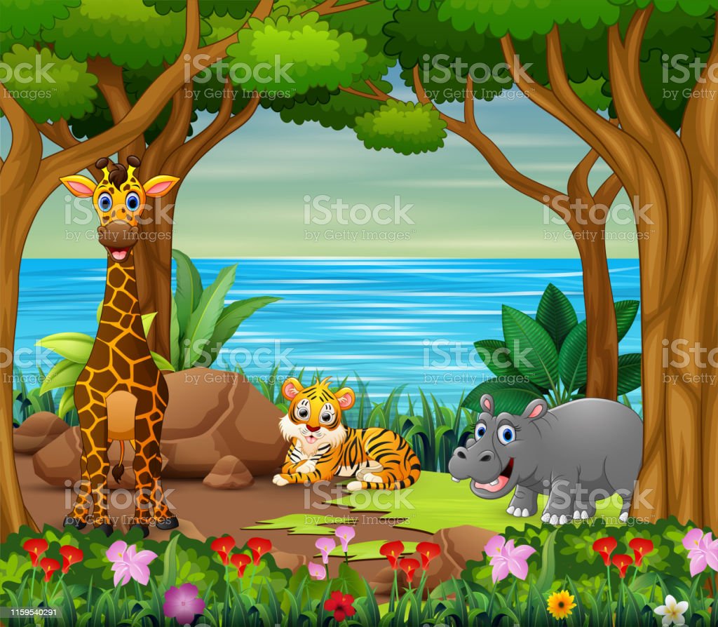 Wild Animals Cartoon Living In The Beautiful Forest Stock