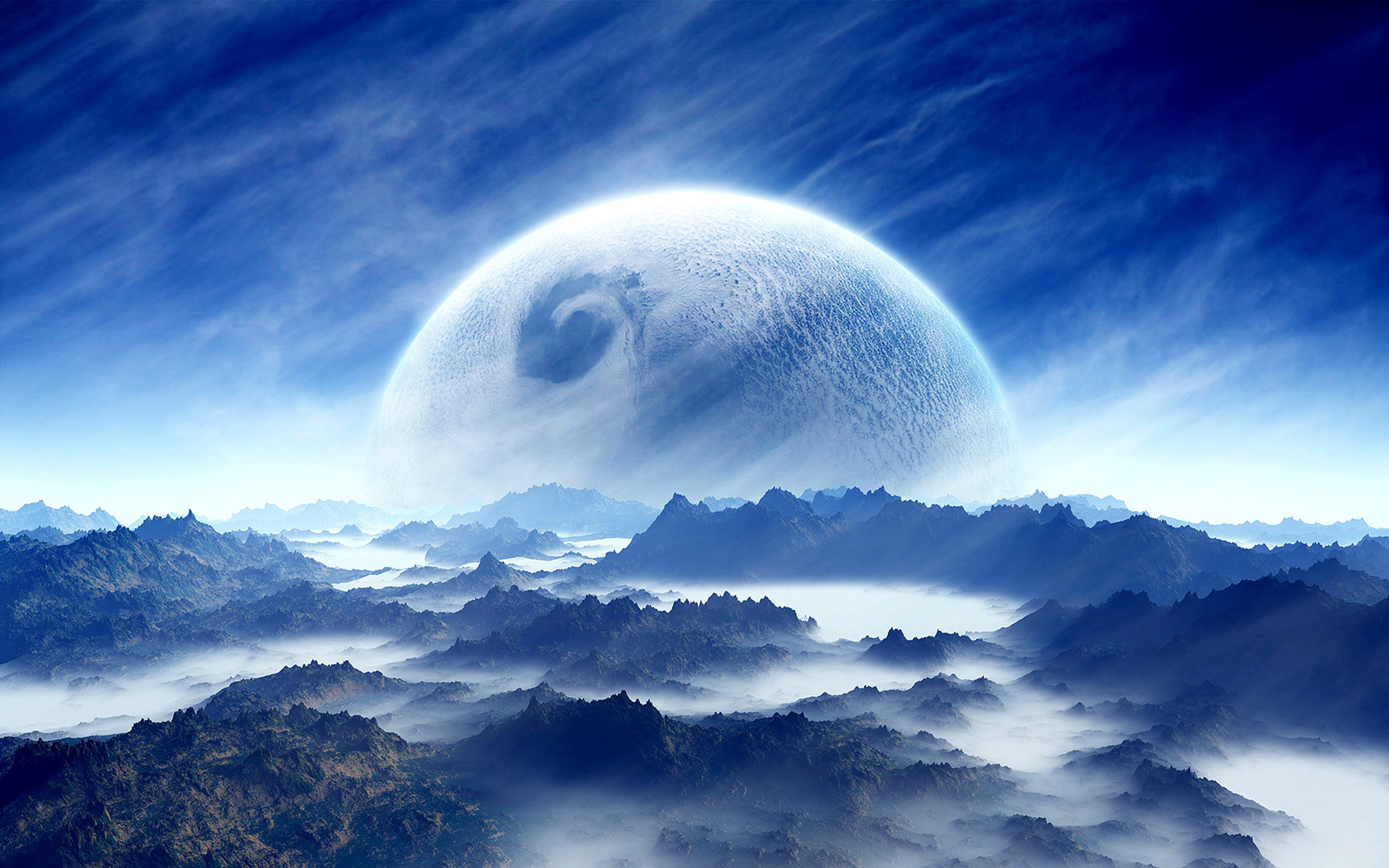 A breathtaking vista of a mountainous alien landscape under a large, ethereal, blue-tinged planet, shrouded in a thin layer of atmospheric fog