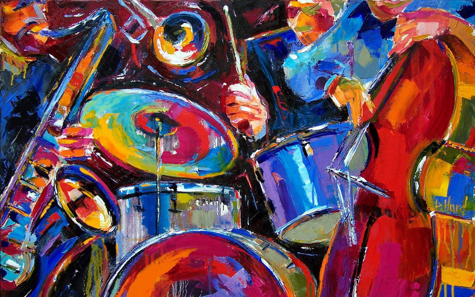 Vibrant and dynamic abstract painting of jazz musicians playing instruments