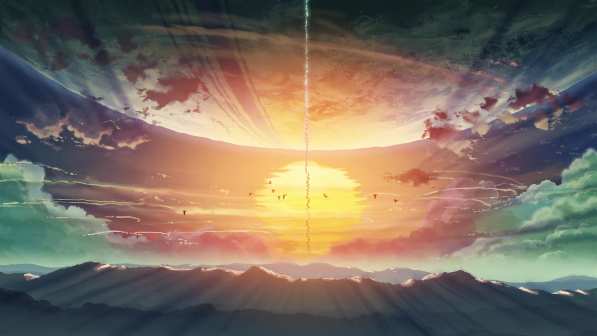 A breathtaking anime sunset landscape with a unique vertical streak of light, silhouetted mountains, and birds soaring through the colorful sky