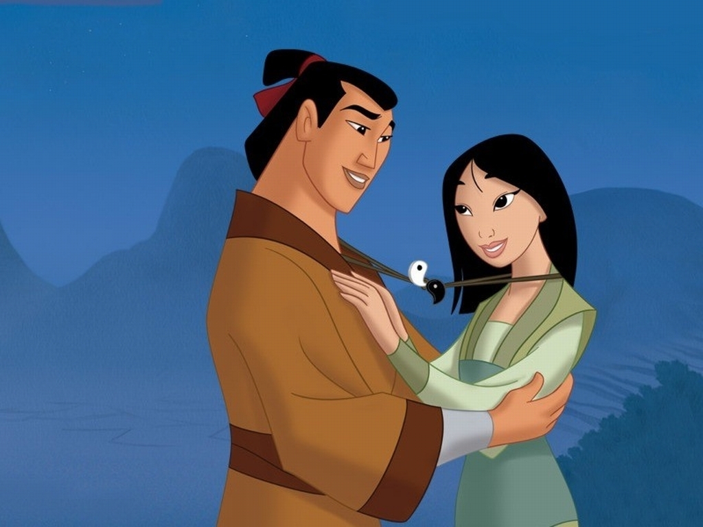 Mulan and Shang sharing a tender moment, with Mulan holding a yin and yang necklace