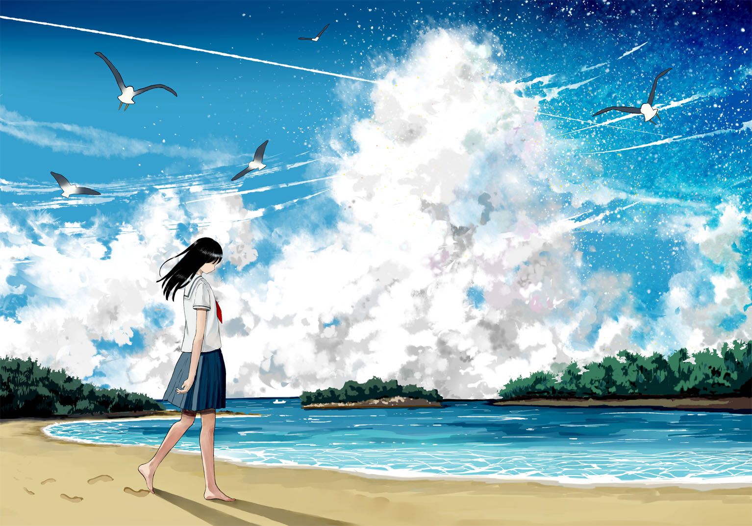 anime cloud on the sea night sky background handrawn Stock Illustration |  Adobe Stock