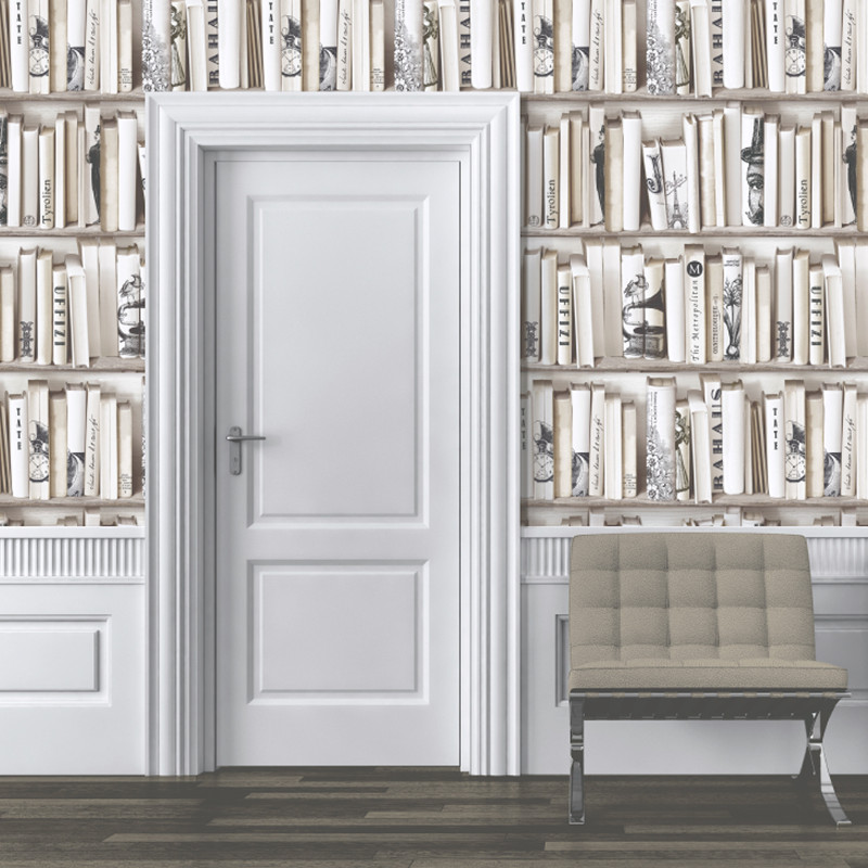 Muriva Encyclopedia Bookcase Wallpaper In Cream