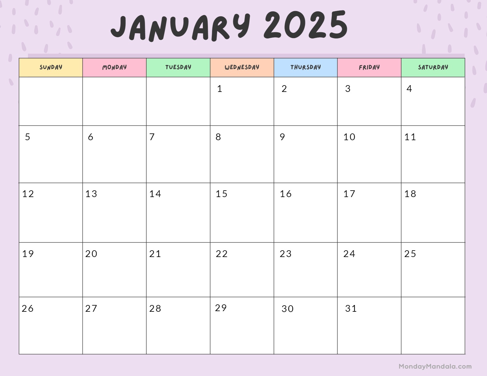 January 2025 calendar in a simple grid layout with pastel colors