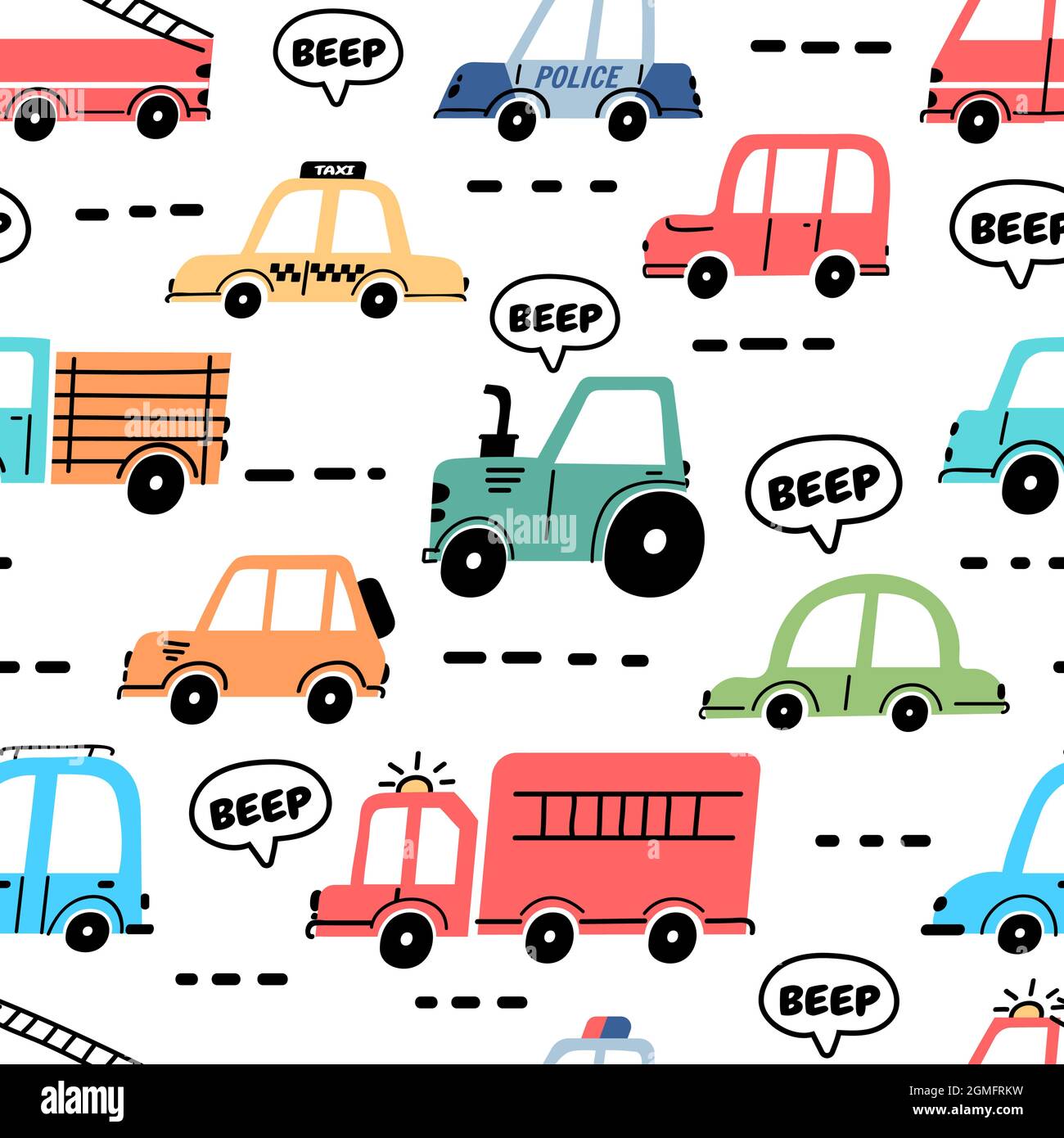Cartoon Cars Seamless Pattern With Truck Police And Fire Engine