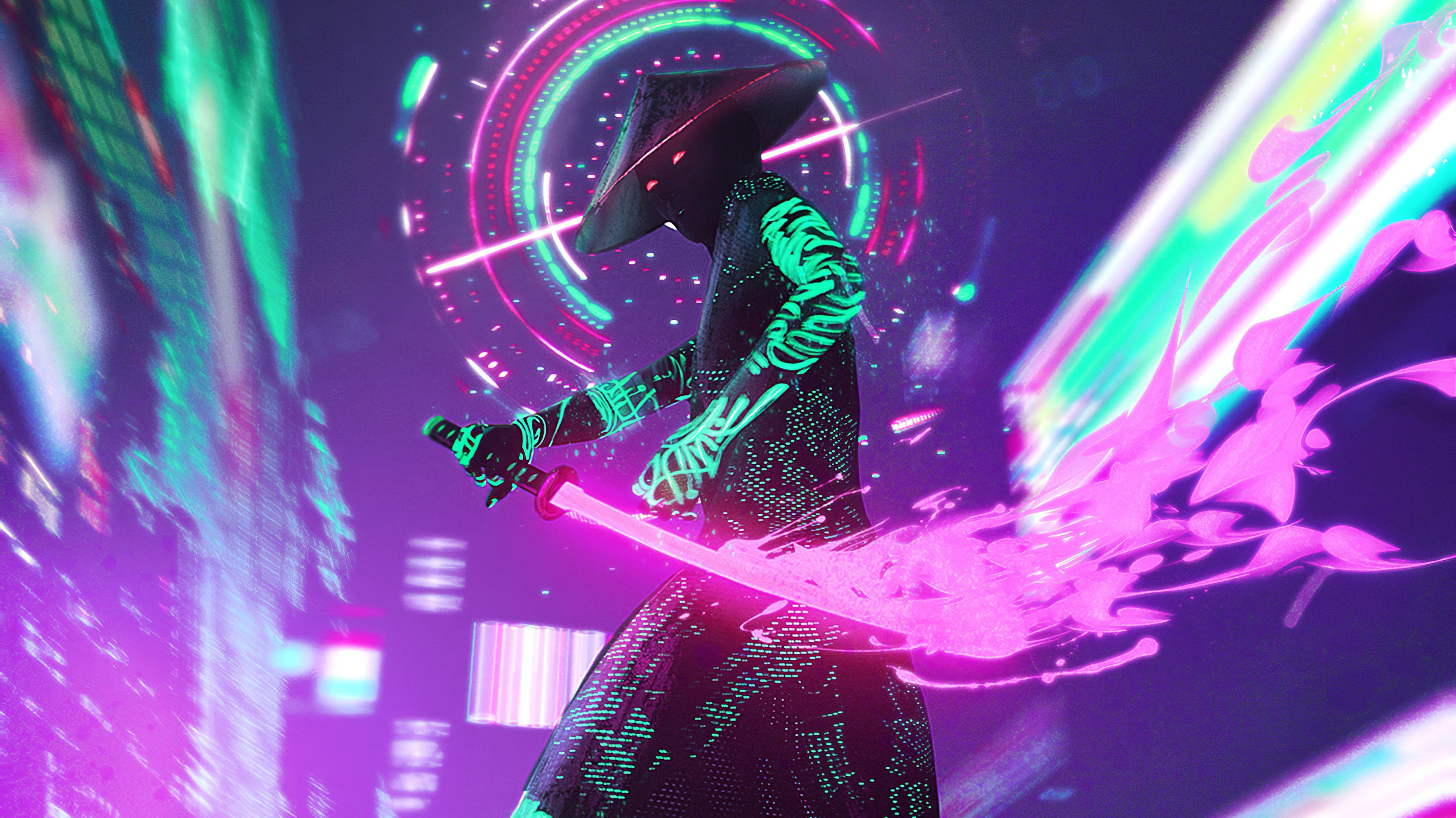 Neon Samurai Cyberpunk 5k Wallpaper Hd Artist 4k