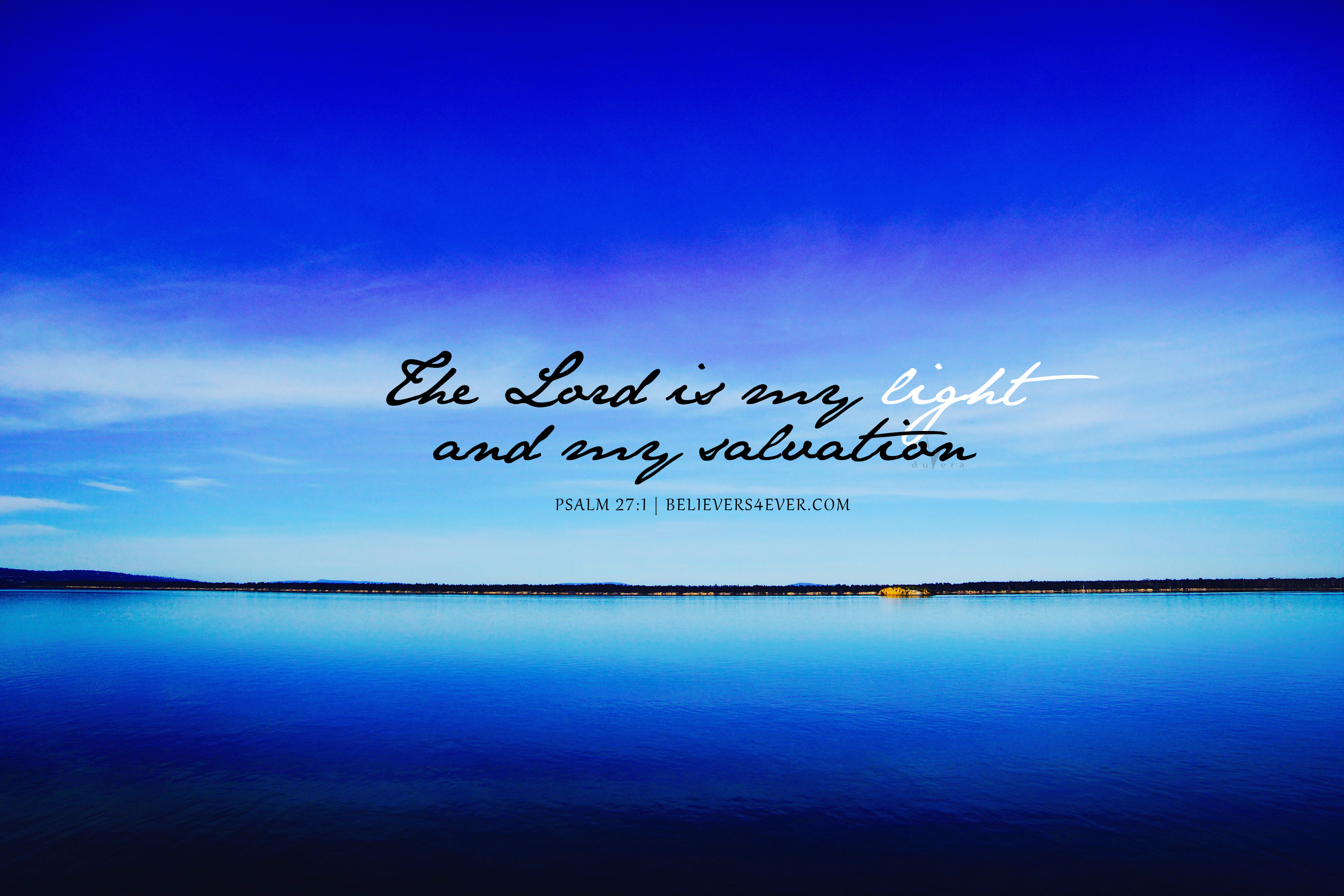 Psalm 27:1 Bible verse wallpaper with a serene blue lake and sky background. The Lord is my light and my salvation