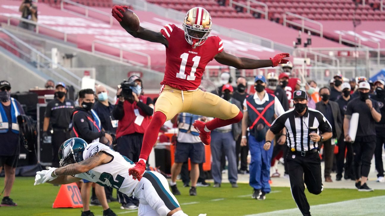 49ers Rookie Brandon Aiyuk Hurdles Into The End Zone Vs Wallpaper