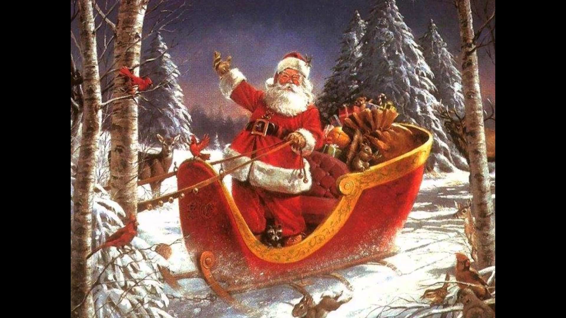 Santa Claus flying in his sleigh through a snowy forest, waving cheerfully
