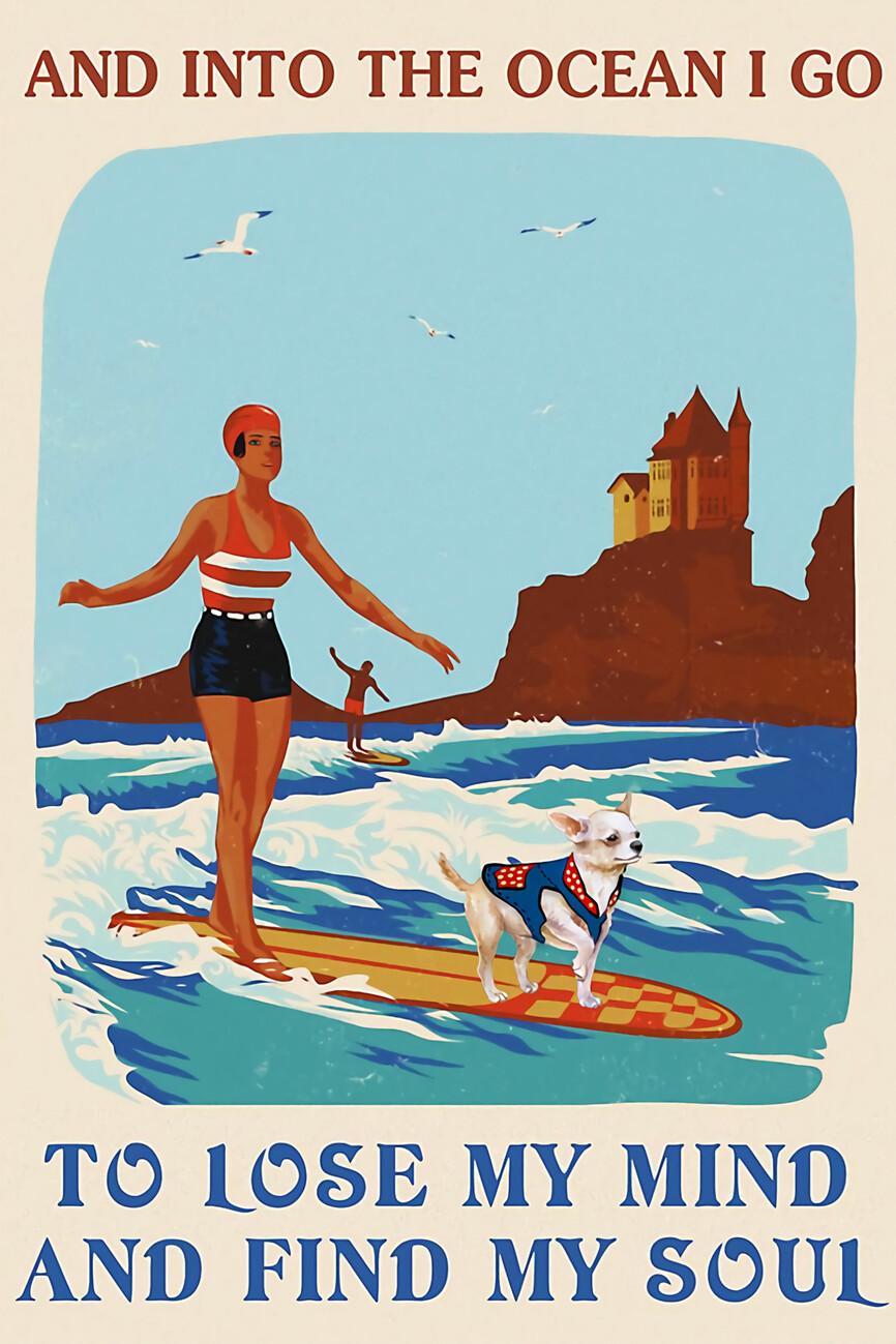 Retro Surfing Ocean Find My Soul Girl Chihuahua Vertical Poster
