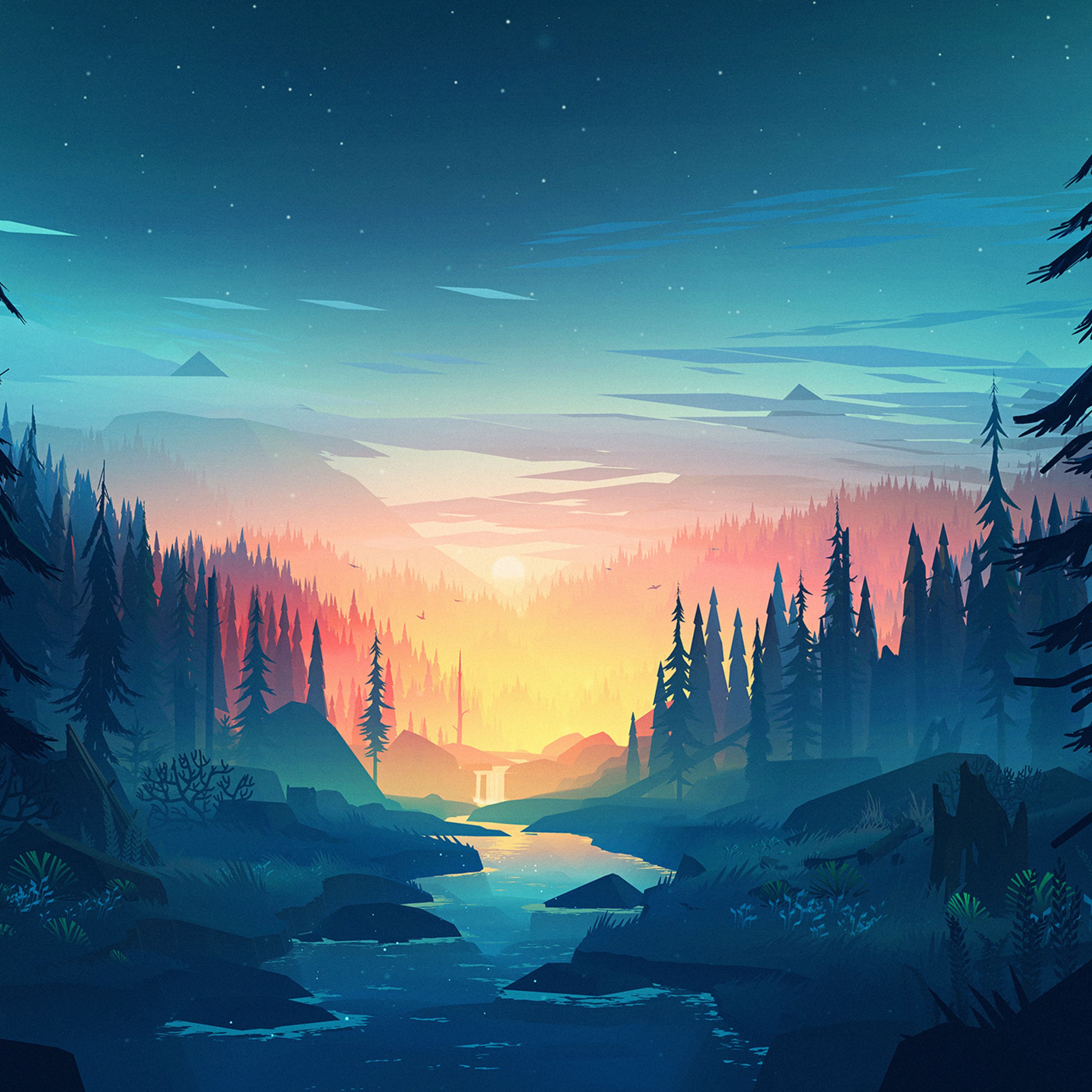 A serene 4K wallpaper for iPad featuring a tranquil river flowing through a misty forest at sunset, with distant mountains and a starry sky