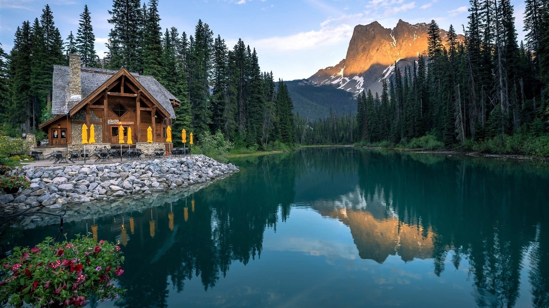 Reflection Mountains Lake House Calm Trees Wallpaper