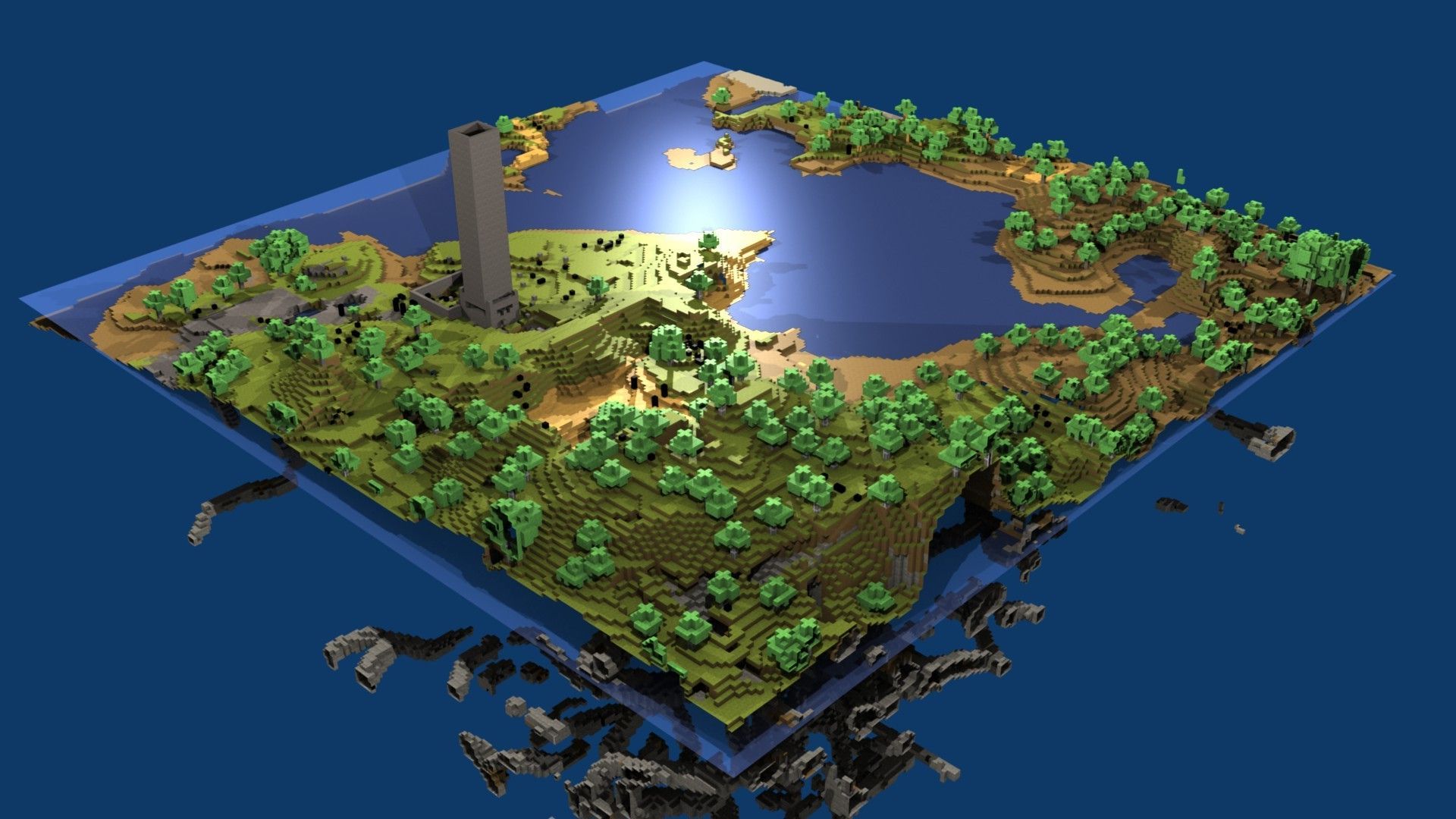 A 3D rendered Minecraft landscape showcasing a floating island with terrain, trees, a tower, and a body of water, with broken blocks beneath, set against a solid blue backdrop