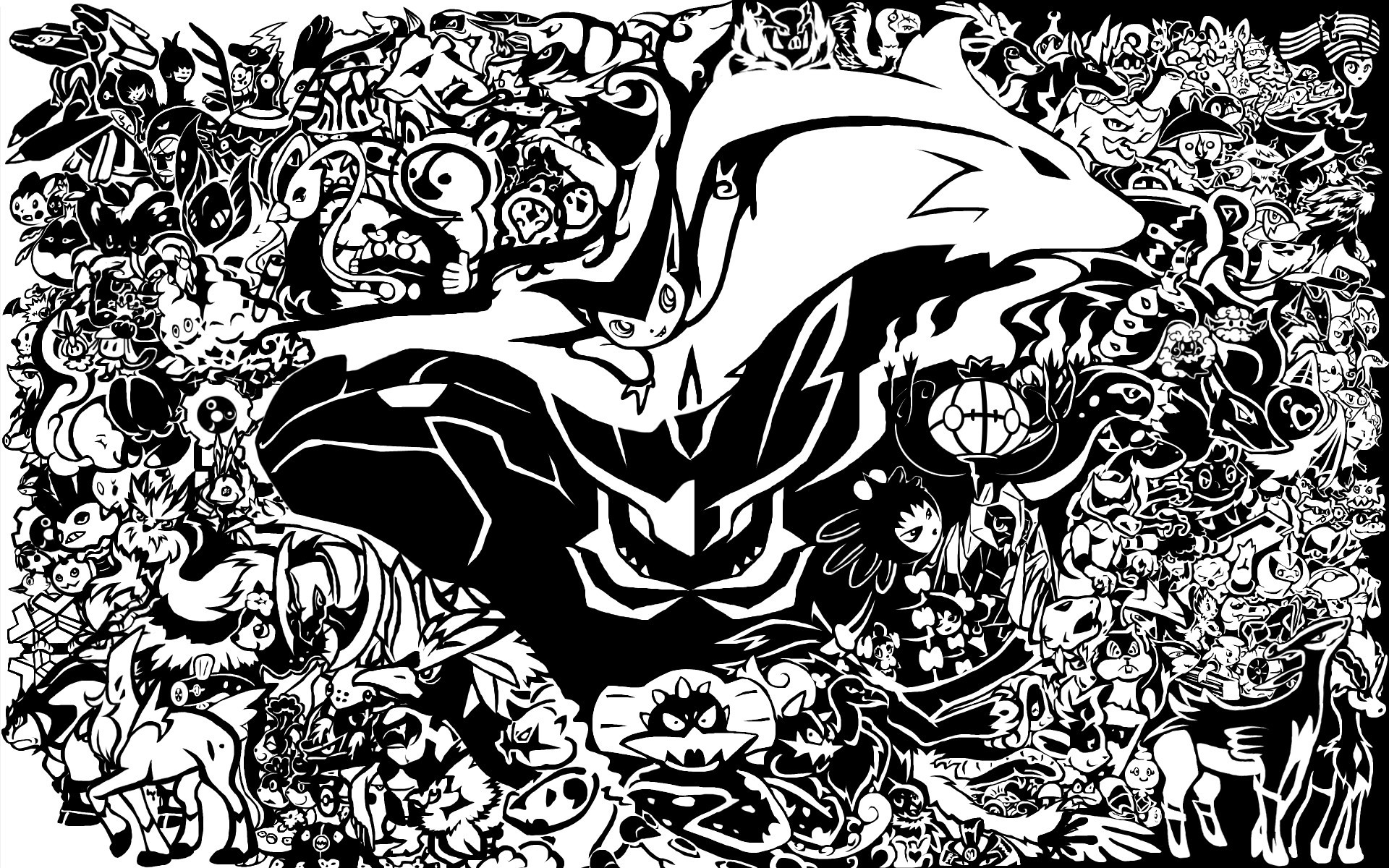 A monochromatic collage featuring various Pokémon characters in dynamic poses, set against a backdrop of intricate patterns