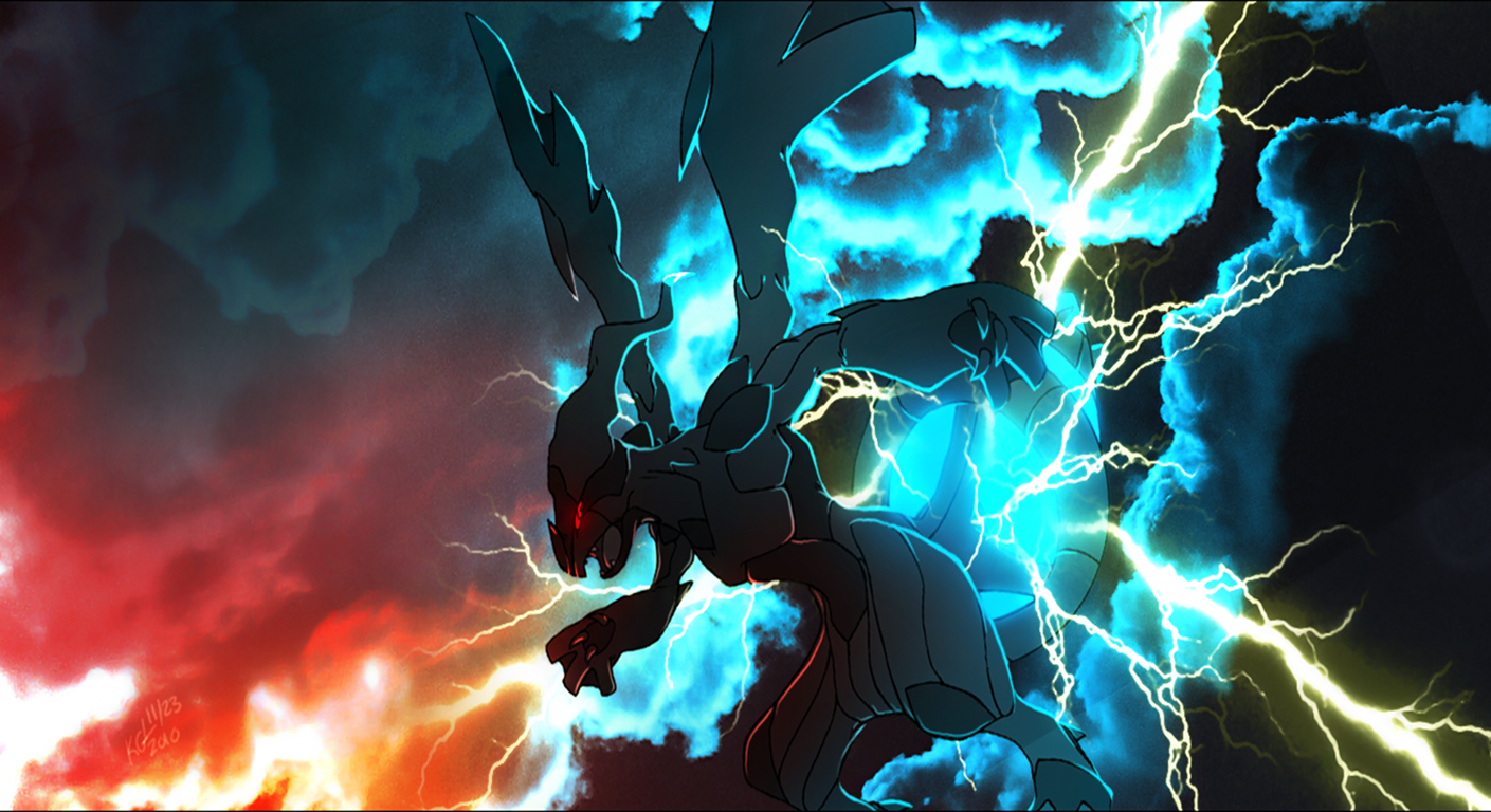 A dynamic wallpaper featuring Zekrom, a legendary Electric/Dragon-type Pokémon from Pokémon Black, amidst a storm of bright blue and yellow lightning against a backdrop of fiery red and dark teal clouds