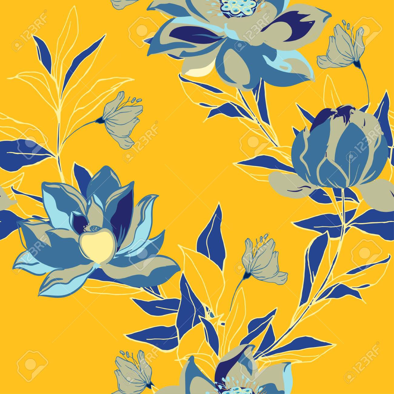 Abstract Illustration Of Blue Flowers And Leaves On A Yellow Color