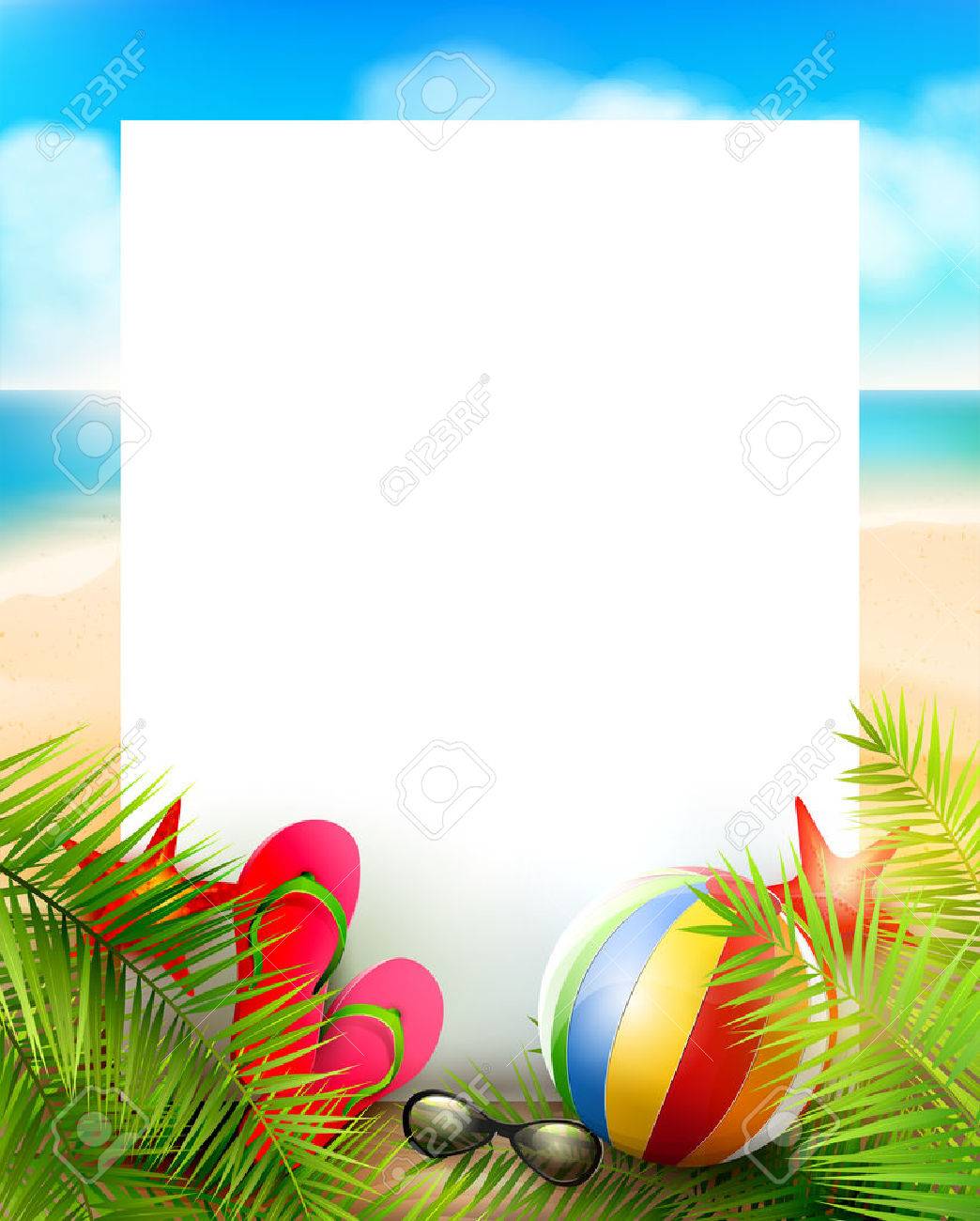 Summer Background With Empty Paper Palm Leaves Beach Ball