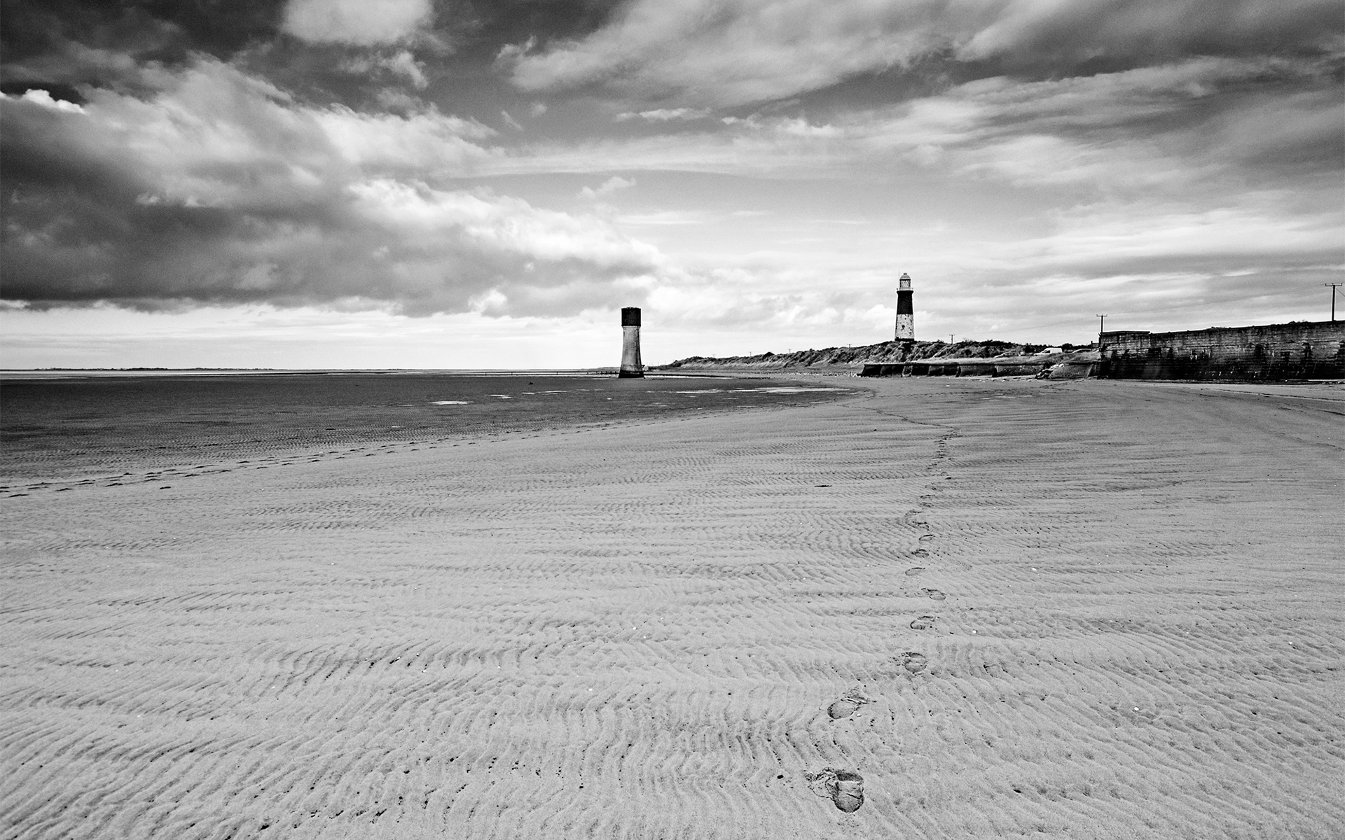 Lighthouse Beach Bw Footprints Clouds Sky Ocean Black White