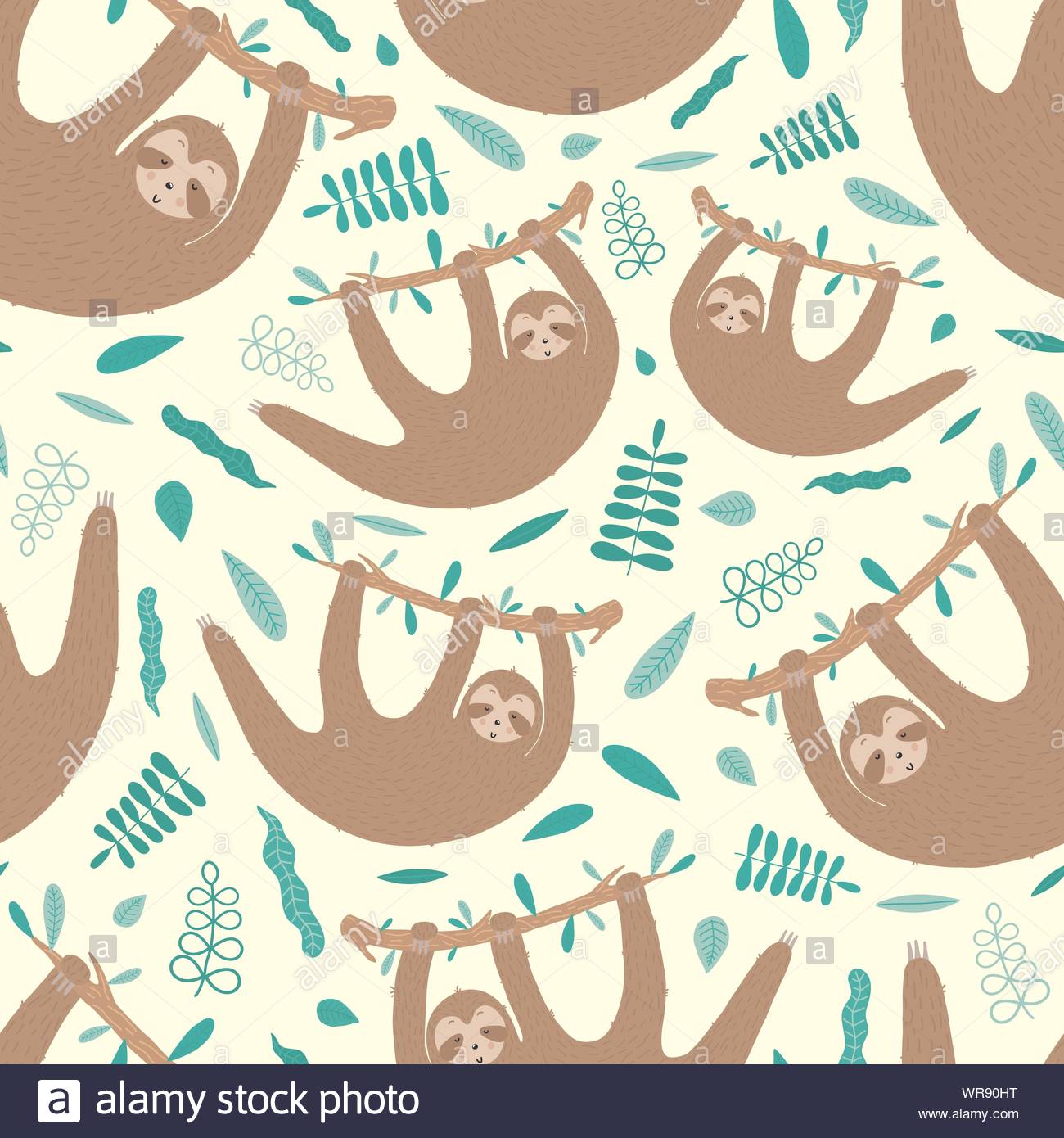 Seamless Pattern Of Lazy Sloths And Leaves Hand Drawn
