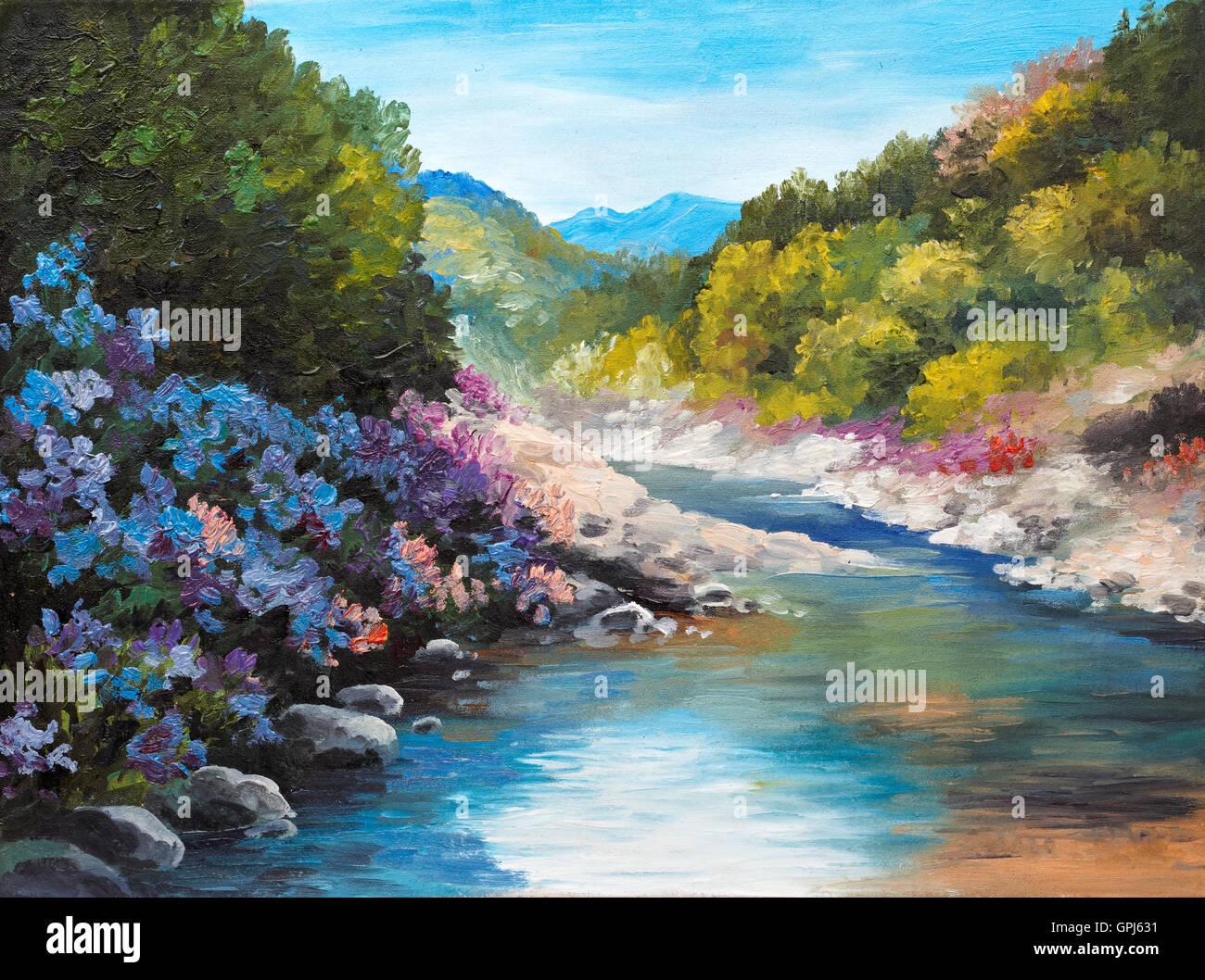 Oil Painting Mountain River Flowers Near The Rocks Forest