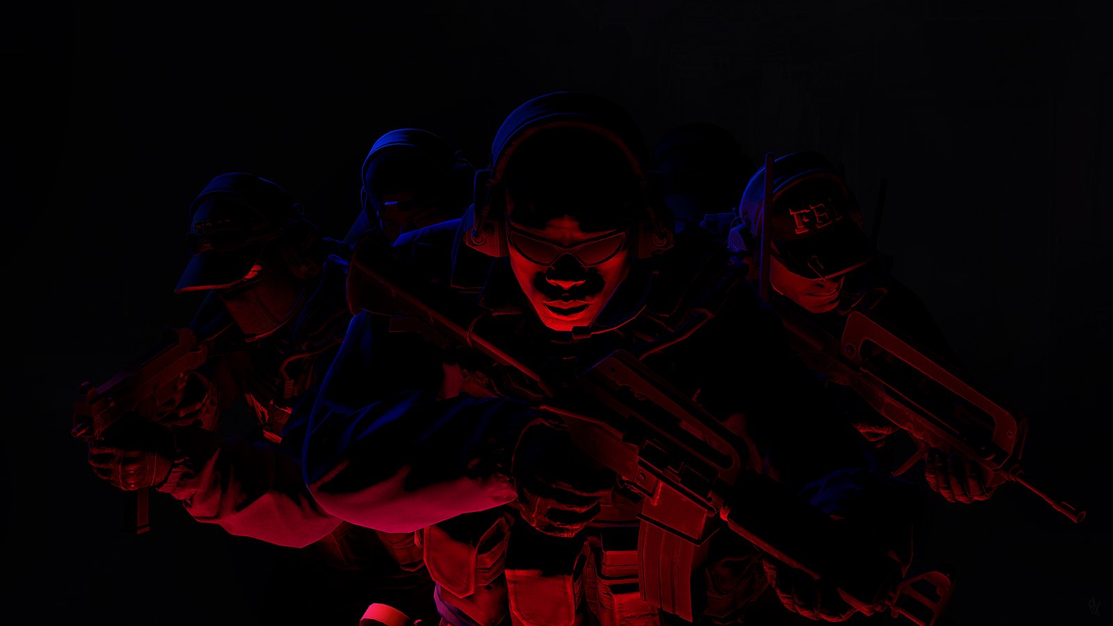 A dramatic image of a Counter-Strike team in low-light conditions, illuminated by red and blue tactical lighting. They are armed and ready for action