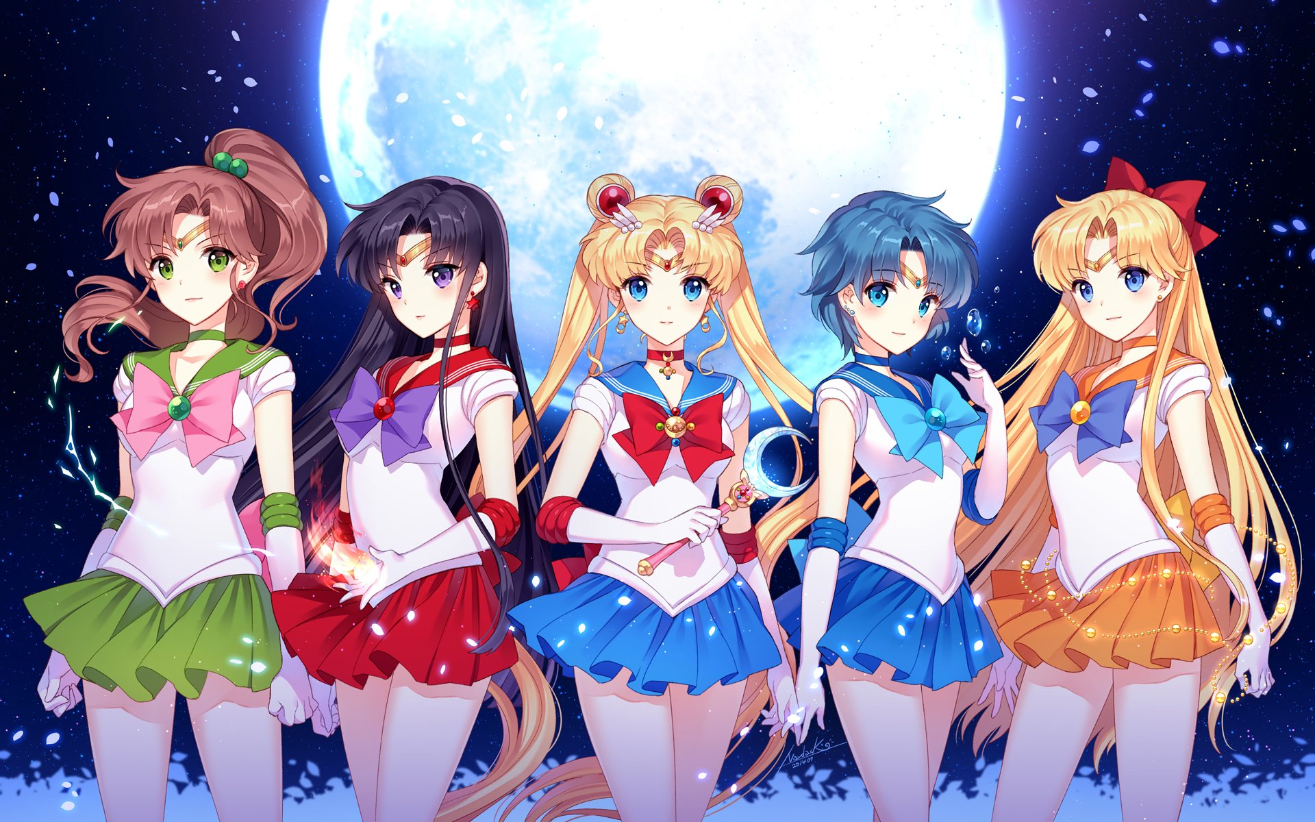 Five Sailor Moon characters stand against a backdrop of the moon in this vibrant anime artwork. From left to right: Sailor Jupiter, Sailor Mars, Sailor Moon, Sailor Mercury, and Sailor Venus. They are dressed in their signature sailor guardian outfits